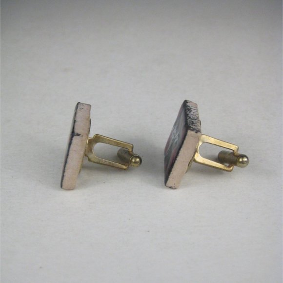 Ceramic Enamel Goldtone Set 2 Bullet Cufflink Vintage Black Pink - Picture 3 of 6